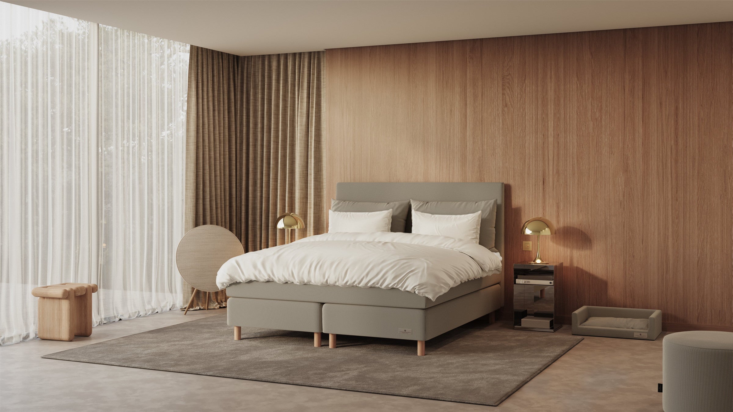Modern bedroom with a gray bed, wooden wall, and large windows.
